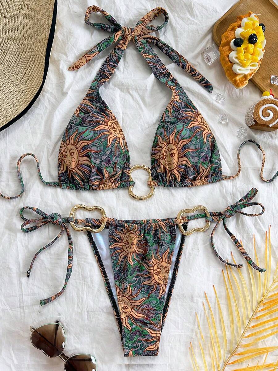 Soleia 2 Pieces Women's Retro Colorful Sunflower & Metal Decor Tie Front Bikini Set, Vacation/Holiday, Beach Vacation Outfit, Hawaii Vacation, Swim Suits For Women, Vacation Outfit Women, Summer Outfits For Women, Beach Outfits For Women - Multicolor - View 1