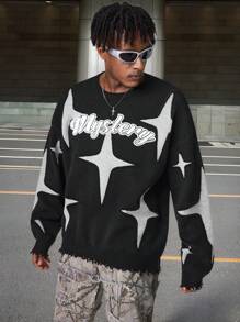 Manfinity EMRG Gebreide herensweater met letter- en sterrenprint, ronde hals en lange mouwen