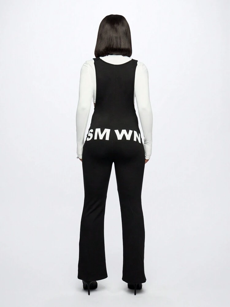 SUMWON WOMEN 앞면 지퍼와 서스펜더가 달린 플레어 레그 점프수트