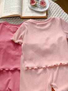 SHEIN LMoss Kids LMoss 6pcs Set Baby Girl Casual Solid Color Knit Short Sleeve Top And Elastic Waist Shorts - Pink - View 8