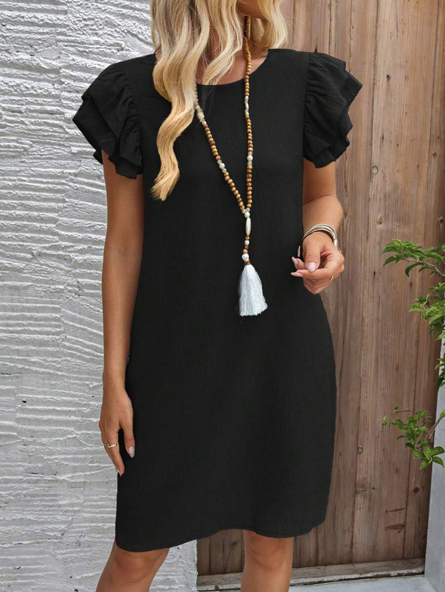 EMERY ROSE Women's Solid Color Round Neck Ruffle Short Sleeve Straight Casual Dress - Black - View 1