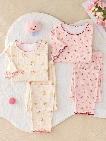 SHEIN Tween Girl 4 件套 Tween Girls 花卉图案荷叶边圆领短袖上衣和裤子休闲舒适家居服/睡衣套装