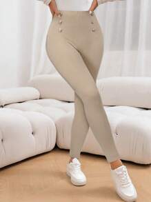 SHEIN LUNE Women's Solid Color Casual Basic Footed Tights For Autumn/Winter - Apricot - View 6