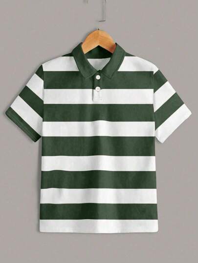 Vacaura Tween Boy Casual Daily Collegiate Style Contrast Color Stripe Print Short Sleeve Polo Shirt, Summer