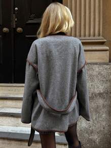 Forever 21 Herfst/Winter Nieuwe Color Block Trim Grijs Enkelzijdig Casual High Street Ins Stijl Warme Modieuze Lange Mouw Jas