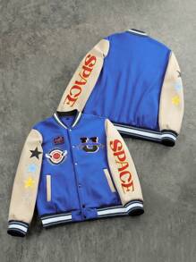 Manfinity EMRG Men's Contrast Color Letter Graphic Long Sleeve Casual Baseball Jacket, Autumn/Winter - Blue - View 1