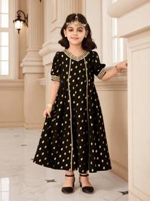 Young Girls' Abaya Kaftan Jalabiya Tunic, Elegant & Arabic Ramadan Festival Dress With Glitter Polka Dots, Tassels Headscarf, Floor-Length Dress - Multicolor - View 4