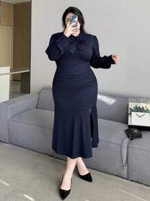 Dazy Plus Vestido elegante de talla grande, suelto, con cuello de corbata, de ajuste ceñido, con abertura lateral hasta la pantorrilla, vestido largo de manga larga para primavera/verano/otoño - Azul Marino - Ver 4