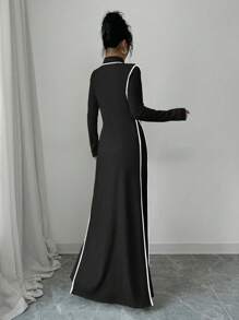 Elenzga 2pcs Set Knitted Ribbed Turtleneck Color Block Dress For Women Fall Cloth For Women - Black - View 2