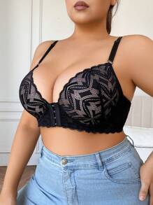 1pc Plus Size Lace Front Hook Breathable Sexy Comfortable Underwire Lingerie Bra - Black - View 4