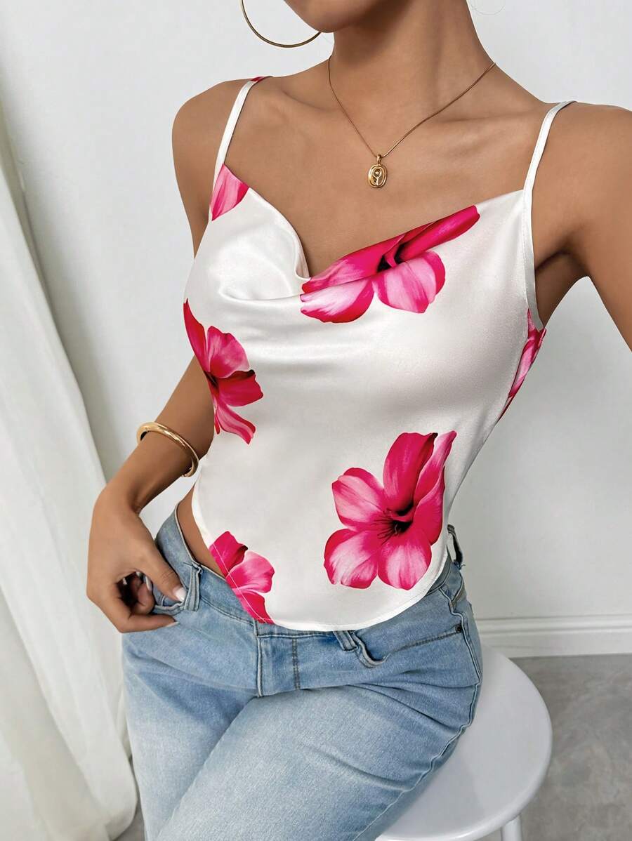 SHEIN Clasi 女士花卉印花无袖休闲细肩带上衣，简约日常穿着 - 米色 - 查看 1