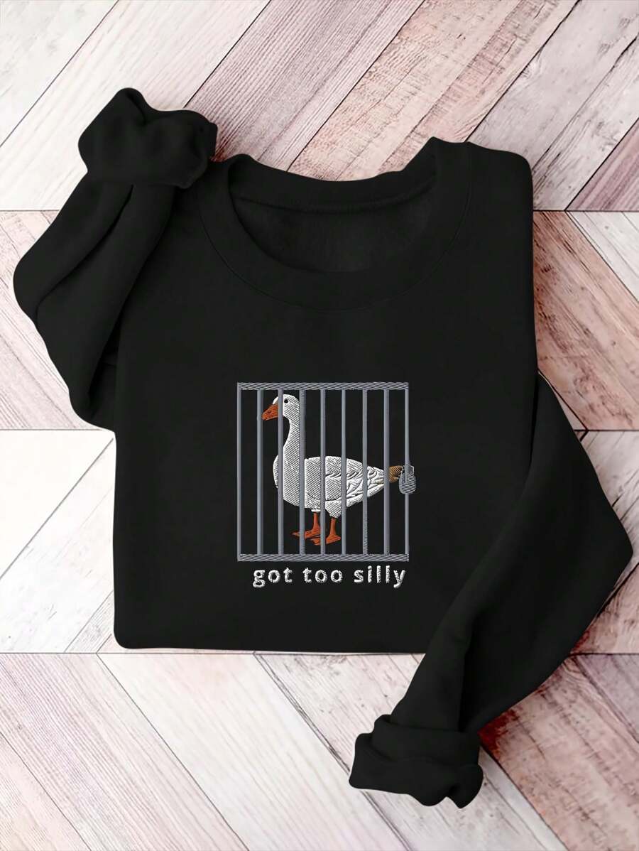 SHEIN LUNE Bluza z nadrukiem w kaczki z kreskówek, luźny, wygodny krój, wygodna jesień/zima - Czarne - Zobacz 1