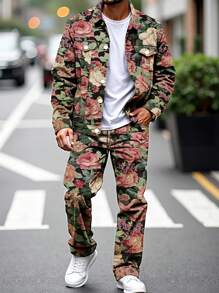 Manfinity Homme Bộ đồ thường ngày cho nam, áo khoác và quần dài tay đơn hàng khuy đơn in hoa, mùa thu - Bạc - Xem 1