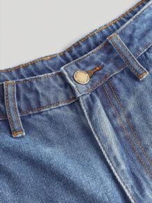 SHEIN Girlism 青少年女孩 Y2K 时尚拼色星星补丁褪色磨损男友宽松牛仔短裤带斜口袋，女孩夏装套装 - 中等水洗藍 - 查看 4