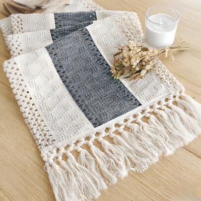 قطعة واحدة من عداء المائدة البوهيمي المكرمية لديكور المنزل ، عداء مائدة مكرمي بالكشكشة باللون الكريمي والرمادي للتزيين البوهيمي لغرف الطعام والنوم، طقم طاولة ريفي عتيق، سفرة عيد الحب، الزفاف ومفارش بأحجام متعددة متوفرة