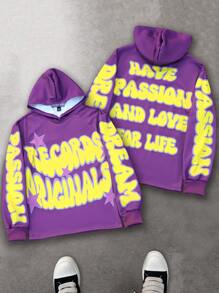 Manfinity EMRG Men's Casual Letter Print Hooded Sweatshirt, Autumn/Winter - Purple - View 1