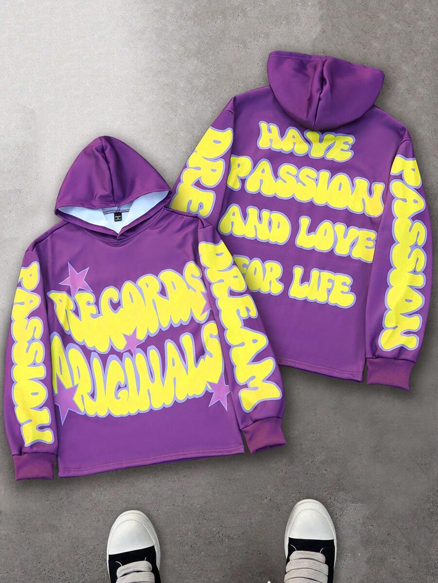 Manfinity EMRG Men's Casual Letter Print Hooded Sweatshirt, Autumn/Winter - Purple - View 1