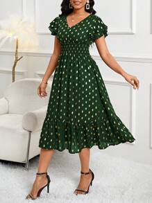 SHEIN Lady 婚礼宾客礼服 金色印花荷叶袖和圆点连衣裙，适合日常通勤、工作和聚会