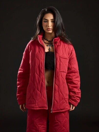 SUMWON WOMEN Quilted Puffer Jacket Style Sweatshirt Winter Outerwear Zip Through Loungewear Cozy Casual Athleisure Streetwear Padded Wardrobe Essential