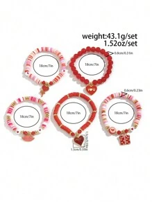ROMWE Kawaii 5pcs Fashionable Y2K Cute Heart Pendant Polymer Clay Bracelet Set, Gift For Family & Friends On Valentine's Day,Mom,Mother,Mother's Day,Gift