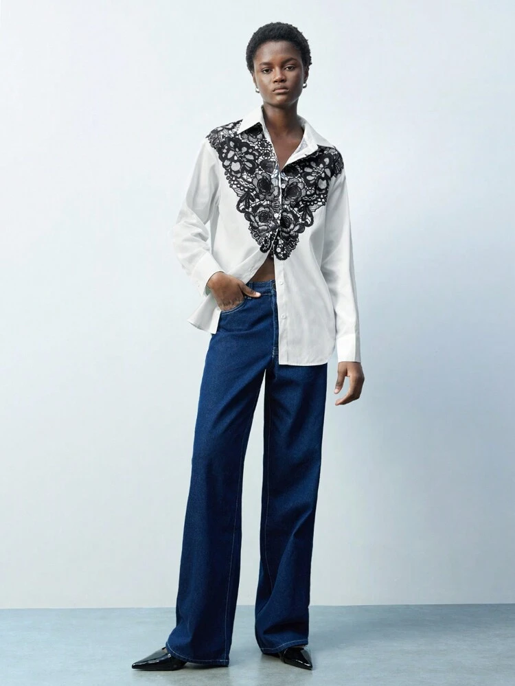 SHEIN Maija Women's Black & White Lace Pattern Digital Positioning Printed Casual Blouse, Versatile For Spring/Summer Festival