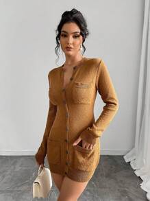 INAWLY Vestido de punto ajustado con botones delanteros de unicolor, diseño casual y minimalista, apto para otoño/invierno