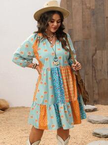 EMERY ROSE 大码女式乡村度假拼布印花缺口领连衣裙，春夏 - 彩色 - 查看 6