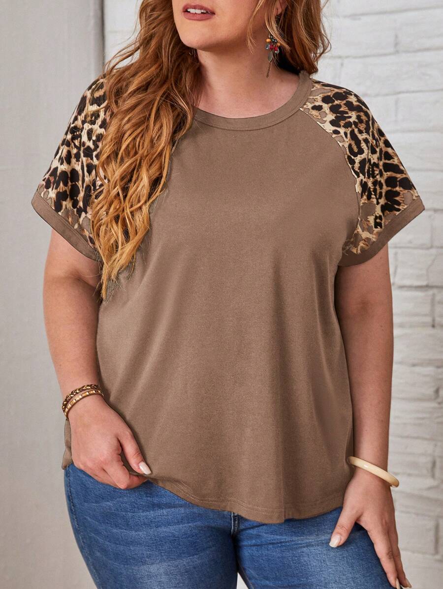 EMERY ROSE Plus Size Women Leopard Patchwork Raglan Sleeve Casual T-Shirt For Summer - Camel - View 1