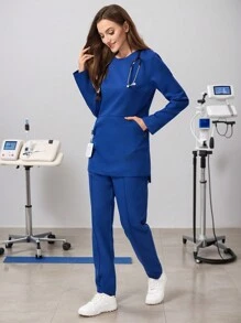 Scrubzie 2 件套女士抗皱功能性面料圆领长袖长款束腰上衣和紧身裤护理制服手术服套装 - 藍色 - 查看 7