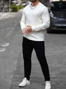 Manfinity Homme Áo thun nam tay dài trơn cỡ lớn, phong cách đơn giản, mặc hàng ngày - Màu be - Xem 5