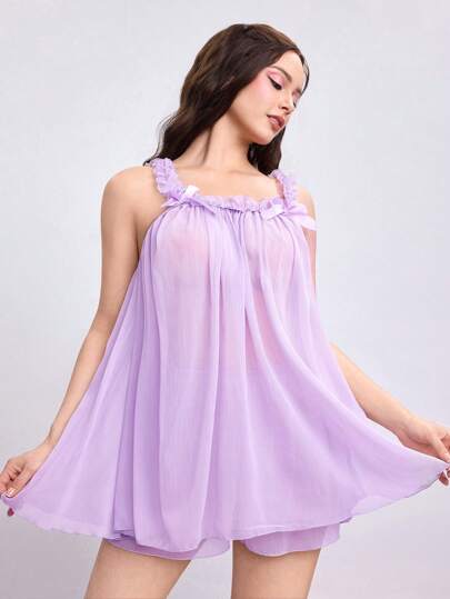 Kawaii طقم فستان دمية بأسلوب كاواي وردي فضفاض من الشيفون مع ربطة عقدة وشفاف جذاب، 2 قطعة