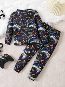 Bộ đồ ngủ vừa vặn 2 món cho bé trai - Áo dài tay họa tiết máy chơi game neon thời trang tối giản màu đen và quần dài - màu đen - Xem 2