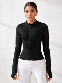 SHEIN Sports Women's Solid Color Raglan Sleeve Zip Up Front Fitted Sports Jacket - Black - View 3