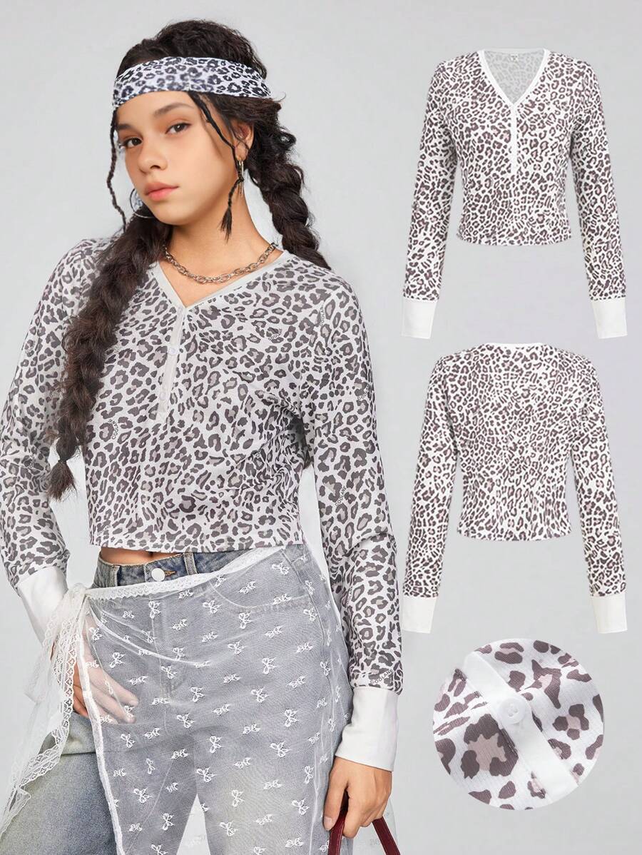 SHEIN Maglietta a maniche lunghe asimmetrica con stampa leopardata, slim fit, adatta per ragazze adolescenti in primavera/estate, per mamma e figlia - Multicolore - Visualizzare 1