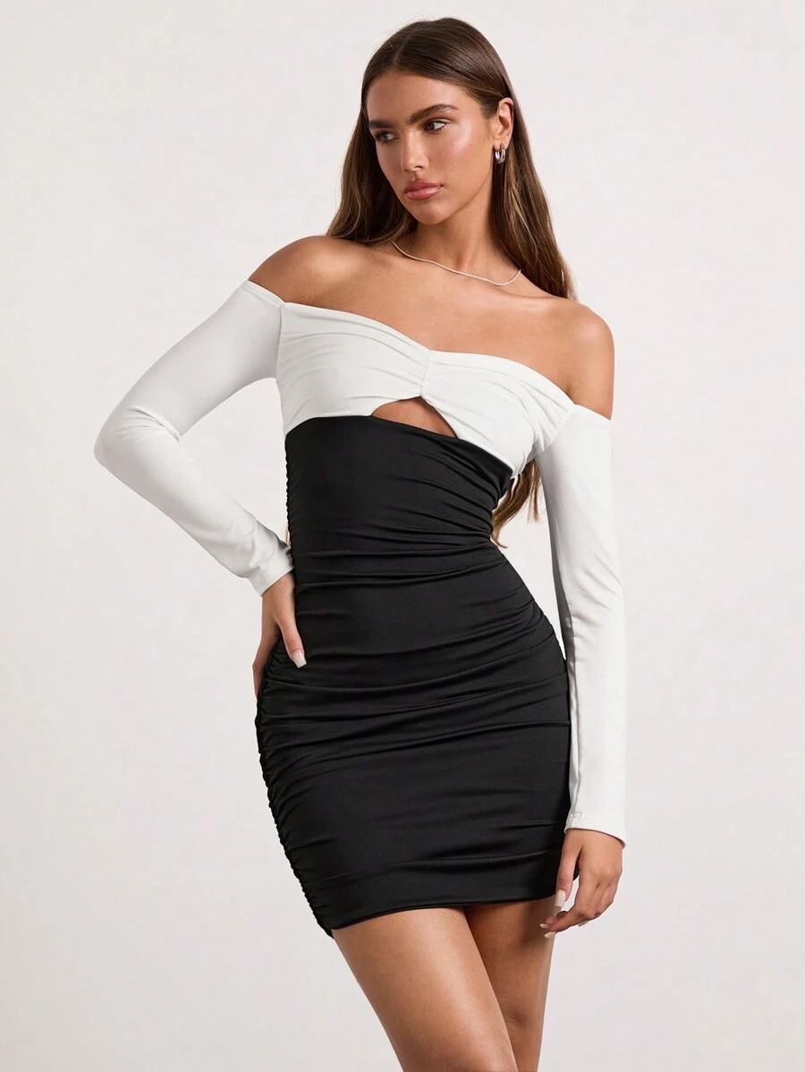 Glamine Black /White Color Off The Shoulder Hollow Out Long Sleeve Dress,Dinner Dress,Date Night Outfits,Masquerade Ball Dress,Women Holiday Party Dress,Valentine's Day Dress Fall Cloth For Women