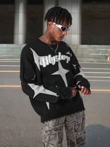 Manfinity EMRG Gebreide herensweater met letter- en sterrenprint, ronde hals en lange mouwen
