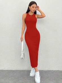 SHEIN PETITE 女士休闲纯色无袖修身连衣裙 - 紅色 - 查看 4