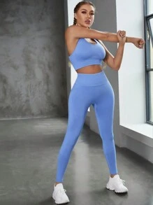 Easithlete 2pcs Seamless Yoga Set Tracksuit Gym Set Scoop Neck Tank Top Stitching Trim Tummy Control Leggings - Blue - View 3