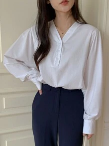 DAZY Áo cánh đơn giản cổ chữ V dài tay rộng rãi màu trơn cho nữ, Xuân/Hè - trắng - Xem 4