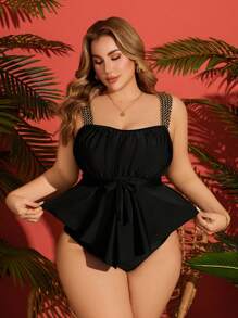 SHEIN Swim Curve Summer 2Pcs Plus Size Women's Solid Color Wide Strap Ruched Sexy Flounced Split Bottoms Slimming Tankini Set, Vacation Style
