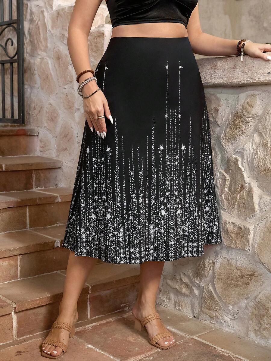 SHEIN LUNE 大码时尚通勤闪亮印花半身裙新年女士夏季女士生日办公室穿着，老钱假期女士夏季女士 - 黑與白 - 查看 1