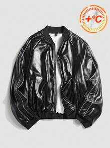 Manfinity VCAY Men's Casual PU Fabric Loose Fit Long Sleeve Jacket, Young Design, For Daily Wear, For Fall Winter