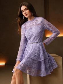 Anewsta Elegant Lace Waist-Cinched Round Neck Ruffle A-Line Short Dress, Lavender - Mauve Purple - View 8
