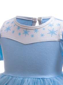 Glamorique Kids Baby Girl Snowflake Print Mesh Patchwork Knit Fabric Party Dress With Bubble Sleeves, Cute And Playful Blue Mesh Dress For Birthday, Performances, Everyday Wear, Cosplay