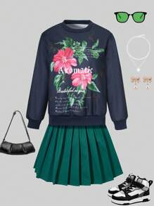 Conjunto de 2 peças para meninas pré-adolescentes: moletom de manga comprida com gola redonda e estampa de letras e girassóis e saia plissada verde. - Preto - Ver 1