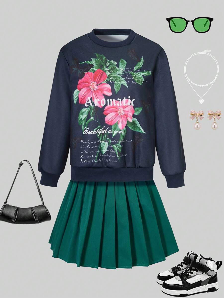 Conjunto de 2 peças para meninas pré-adolescentes: moletom de manga comprida com gola redonda e estampa de letras e girassóis e saia plissada verde. - Preto - Ver 1
