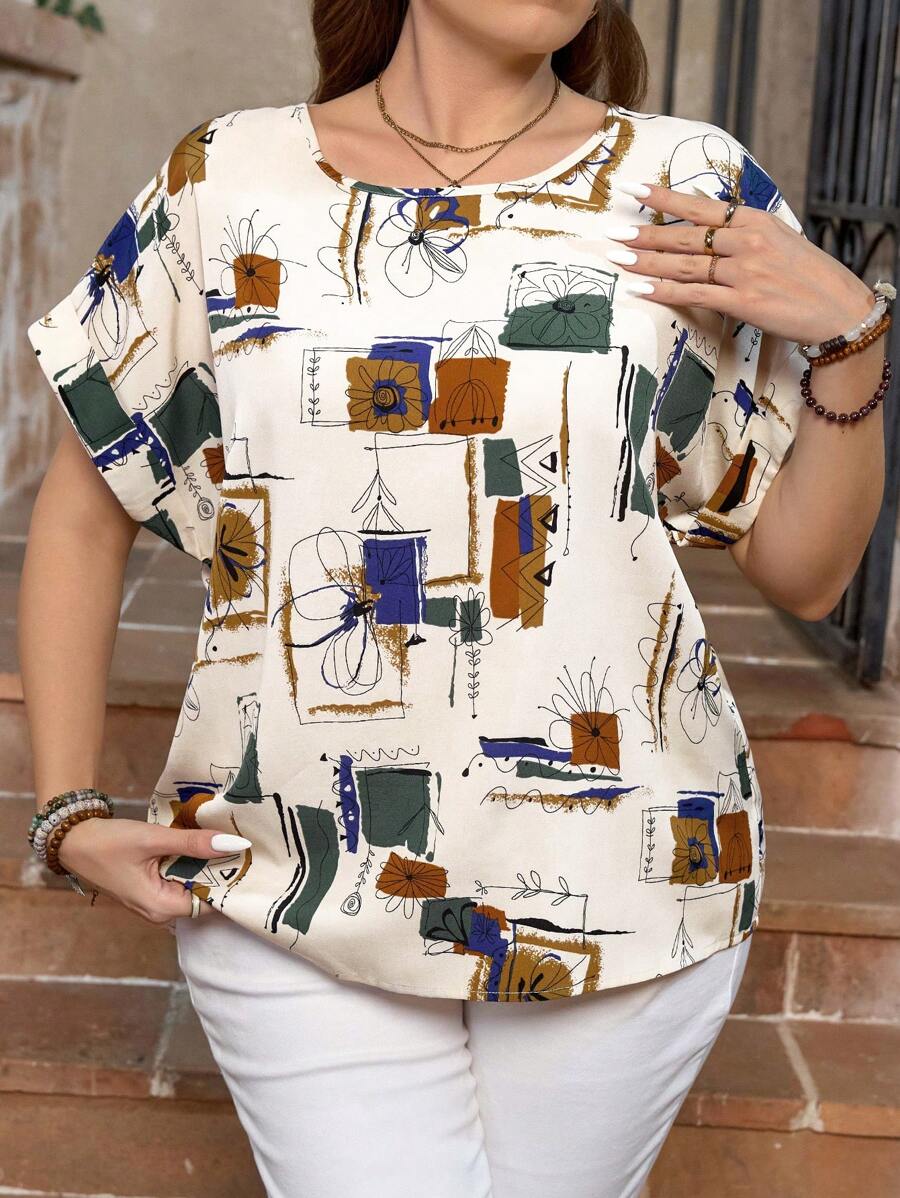 SHEIN LUNE 大码圆领蝙蝠袖印花休闲衬衫，夏季日常穿着 - 杏色 - 查看 1