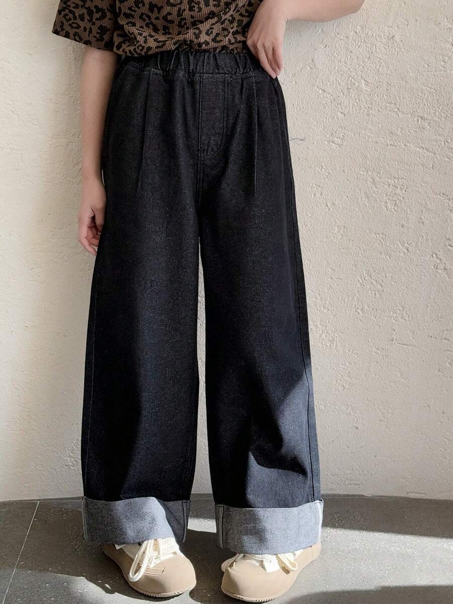 DAZY 青少年女孩纯色休闲阔腿牛仔裤，返校服 - 黑色 - 查看 1