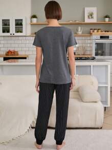 RueChic Valentine's Day Couple Contrast Colour Striped Pattern Homewear Set - Black - View 2