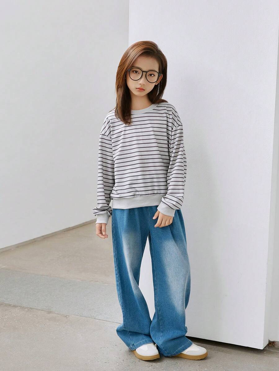 Tween Girls Casual Street Style Sporty Cool Round Neck Long Sleeve Striped Sweatshirt + Loose Fit Denim Long Pants Set - Grey - View 1